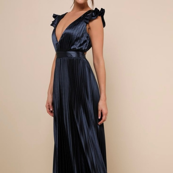 Lulu's Navy Satin Pleated Maxi Dress with Lace-Up Back - Picture 12 of 13